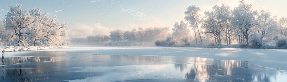 Snow-covered trees reflected in a serene lake during winter, creating a peaceful and picturesque landscape. Snow-covered trees reflected in a serene lake during winter, creating a peaceful and picturesque landscape.