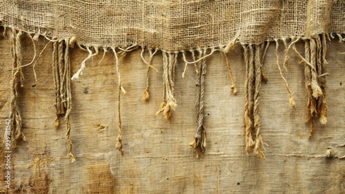 Ripped and frayed vintage linen cloth with threads hanging loose, exposing a worn, faded background with subtle texture and muted earthy tones. photo