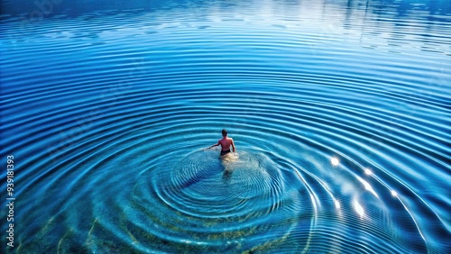 Ripples and waves create a mesmerizing geometric pattern on the water's surface as a swimmer's strokes disturb the calm, serene blue aquatic environment.