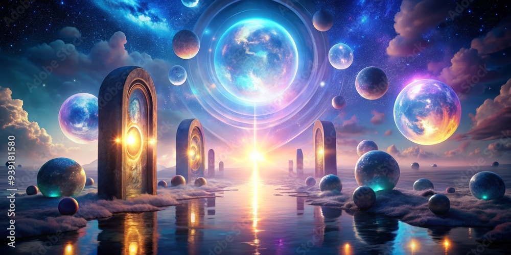 Obraz premium Aetherial Convergence: Mystical, ethereal, energy, glowing orbs, portals
