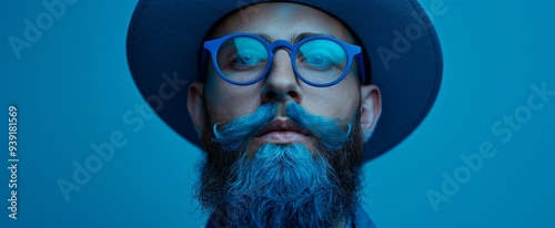 In this close-up portrait, a man's unique style is accentuated by his blue hat, glasses, and distinctive blue beard and mustache, showcasing his individuality against a blue background.