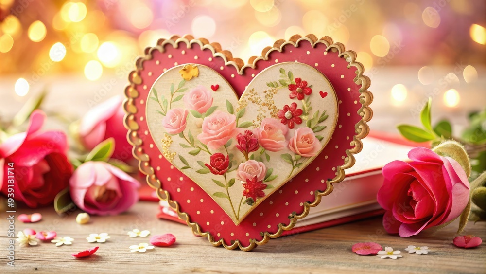 Romantic red heart-shaped coupon book with scalloped edges and golden accents, adorned with tiny Valentine's Day-themed illustrations and pastel-colored flowers on a soft focus background. Romantic red heart-shaped coupon book with scalloped edges and golden accents, adorned with tiny Valentine's Day-themed illustrations and pastel-colored flowers on a soft focus background.
