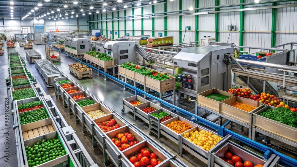 Fototapeta premium Row upon row of stainless steel machines hum with activity in a modern food processing factory, crates of fresh produce awaiting transformation into packaged goods.