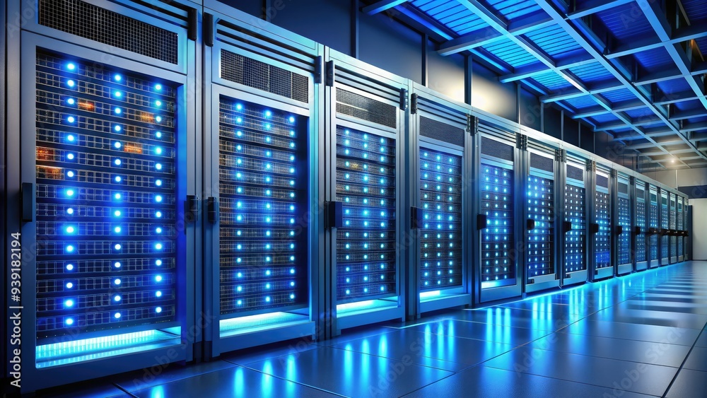 Row of sleek metal server racks lined with glowing blue LED lights, humming with high-tech machinery in a modern data center or network operation room. Row of sleek metal server racks lined with glowing blue LED lights, humming with high-tech machinery in a modern data center or network operation room.