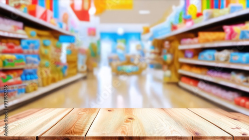 Empty wooden table top with blur background of toy store. Generated with AI