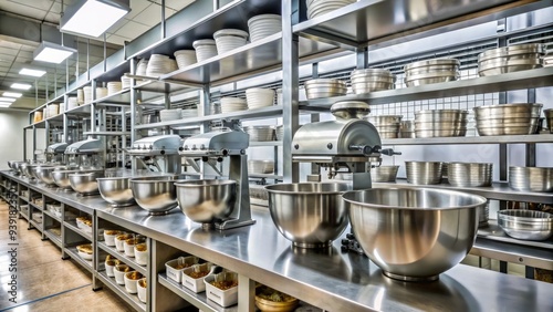 Rows of stainless steel mixing bowls and commercial-grade stand mixers line a modern industrial bakery, surrounded by shelving units stocked with ingredients and supplies.