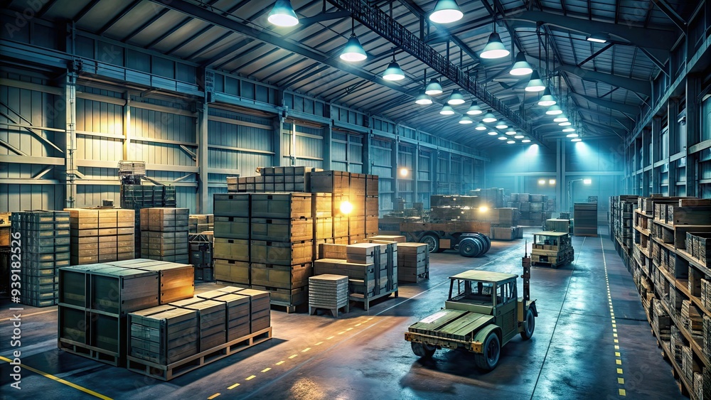 Obraz premium Rugged, dimly lit military warehouse filled with rows of neatly organized crates, shelves stacked with equipment, and vehicles parked in the background awaiting deployment.