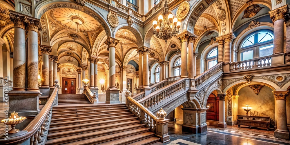 Fototapeta premium Architectural Symphony: Baroque columns, ornate arches, grand staircases, intricate details, elevated mood.