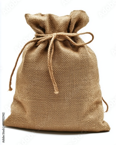 Burlap sack with drawstring on white background. Image of a burlap bag for shopping or gift