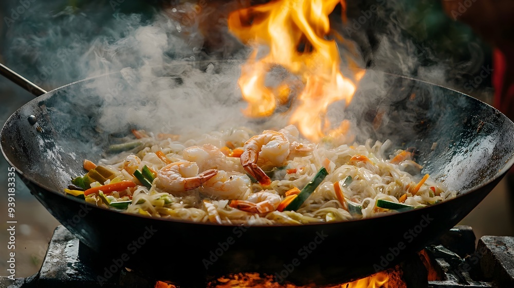 Sizzling Wok of Stir-Fried Rice Noodles with Veggies and Prawns in Outdoor Setting Sizzling Wok of Stir-Fried Rice Noodles with Veggies and Prawns in Outdoor Setting