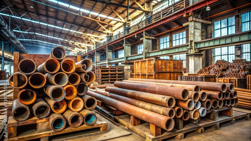 Rusted metal pipes of varying sizes stacked horizontally in a industrial warehouse, with worn wooden crates and old machinery parts scattered in the background. Rusted metal pipes of varying sizes stacked horizontally in a industrial warehouse, with worn wooden crates and old machinery parts scattered in the background.
