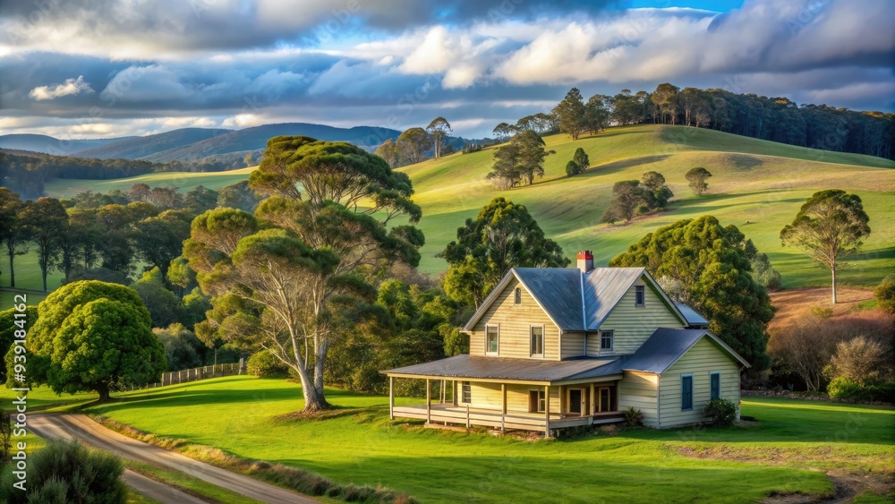 Rustic farmhouse amidst lush green pastures, surrounded by rolling hills and towering eucalyptus trees, evoking a sense of rural tranquility in Tasmania's countryside.