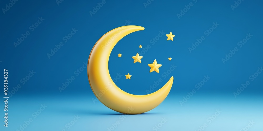 A 3D icon of a crescent moon with twinkling stars symbolizing a clear night sky rendered in a simple and modern style A 3D icon of a crescent moon with twinkling stars symbolizing a clear night sky rendered in a simple and modern style