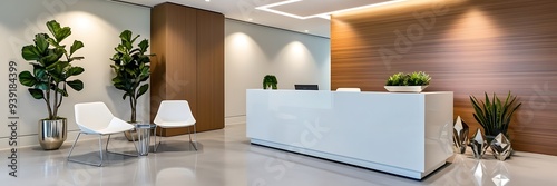 modern reception area, lobby area interior design with counter. reception and lounge with meeting chair