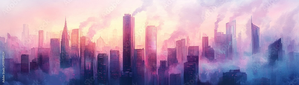 Fototapeta premium Watercolor Painting of a City Skyline with Smoke and Fog