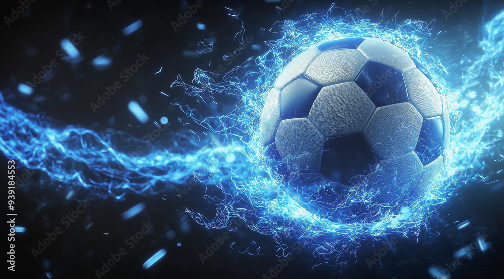Fototapeta premium Blue energy soccer ball on a transparent background, ideal for dynamic sports and game-related designs. 