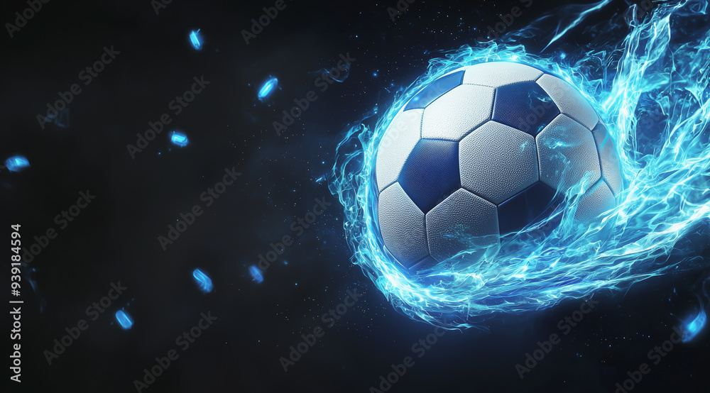 Fototapeta premium Blue energy soccer ball on a transparent background, ideal for dynamic sports and game-related designs. 