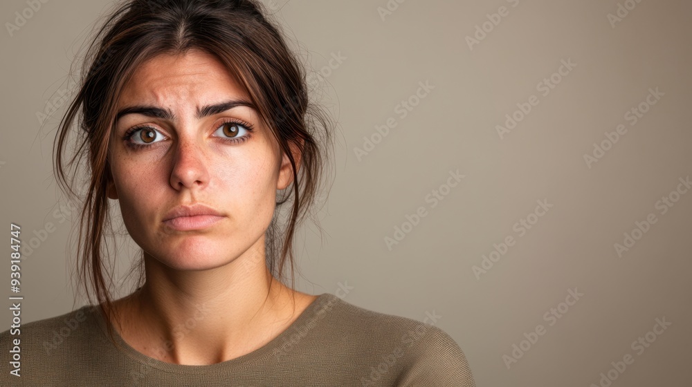 Fototapeta premium Portrait of Young Woman with Pensive Expression on Beige Background