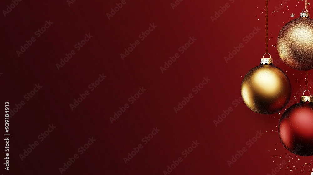 Red and gold Christmas background with ornaments and golden pine branches. Red and gold Christmas background with ornaments and golden pine branches.