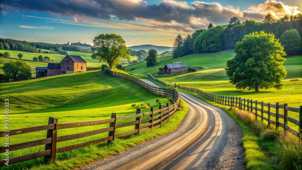 Obraz premium Rustic wooden fence lines a scenic countryside road winding through lush green rolling hills and fields of a picturesque Pennsylvania farm in summer.