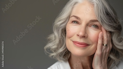 A portrait of an older woman with gray hair, smiling gently and thoughtfully, showcasing beauty and wisdom.