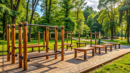 Rustic wooden parallel bars and modern exercise equipment amidst lush greenery and paved pathways in a well-maintained outdoor fitness park or gym area.