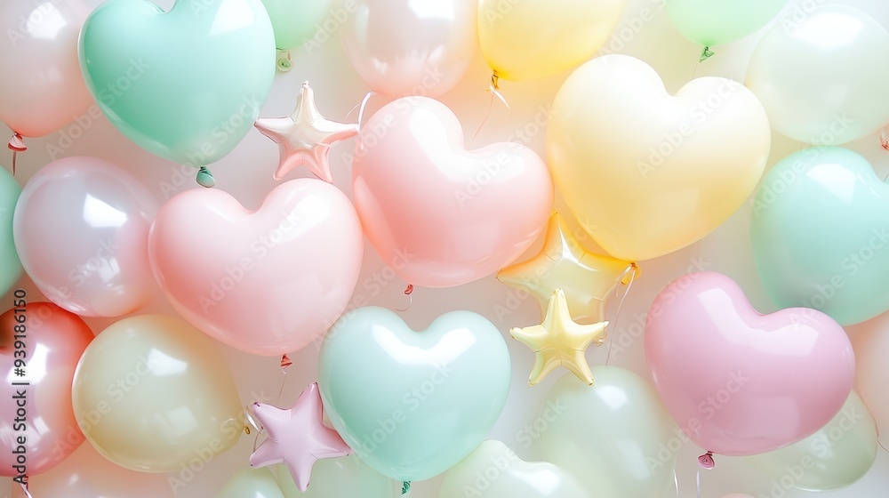 A colorful arrangement of heart-shaped and star-shaped balloons in pastel colors. A colorful arrangement of heart-shaped and star-shaped balloons in pastel colors.