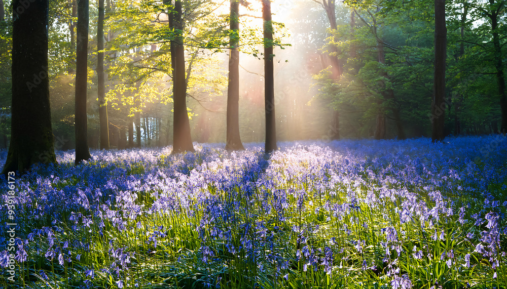 Obraz premium An early morning scene of dew-covered bluebells in a forest 
