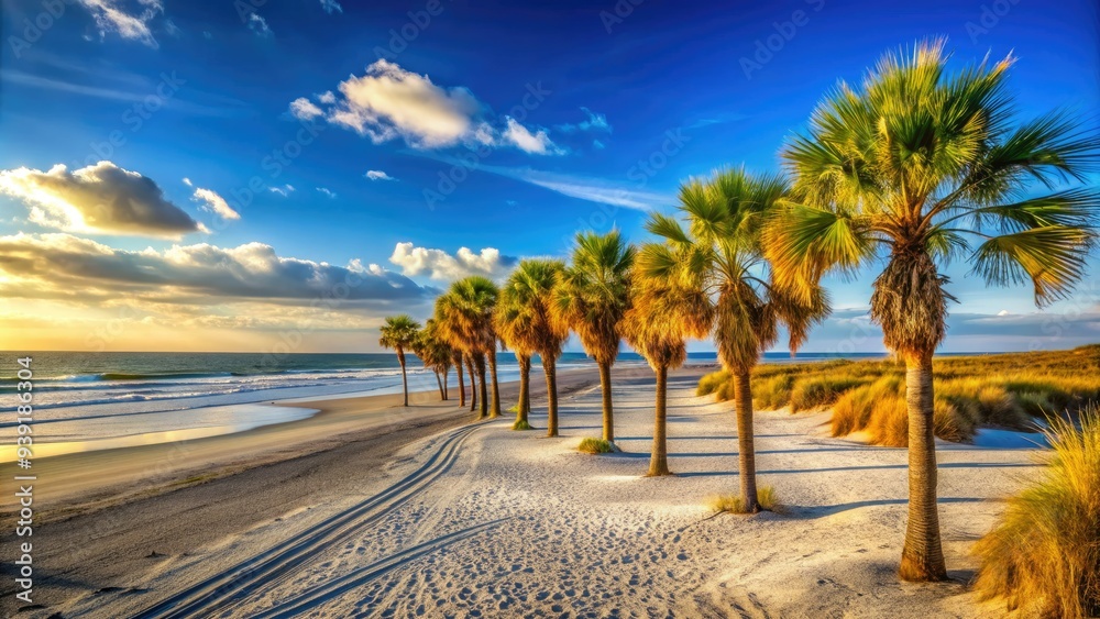 Obraz premium Sandy beach and waving palm trees line the serene shoreline of St. Simons Island, Georgia, under a cloudless blue sky with warm sunlight filtering through.