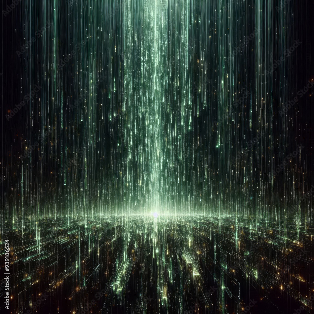 A mesmerizing cascade of luminescent green data streams flows downward in a shimmering curtain
A mesmerizing cascade of luminescent green data streams flows downward in a shimmering curtain
