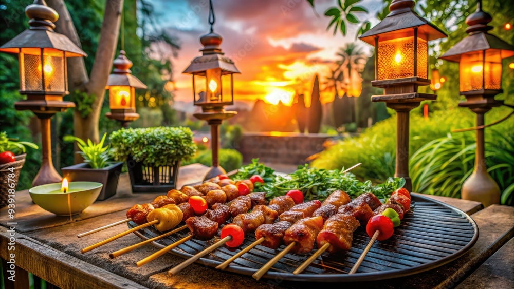 Savory skewers of marinated meat sizzle on a grill amidst vibrant greenery and traditional Asian-style lanterns in a serene outdoor setting at sunset. Savory skewers of marinated meat sizzle on a grill amidst vibrant greenery and traditional Asian-style lanterns in a serene outdoor setting at sunset.