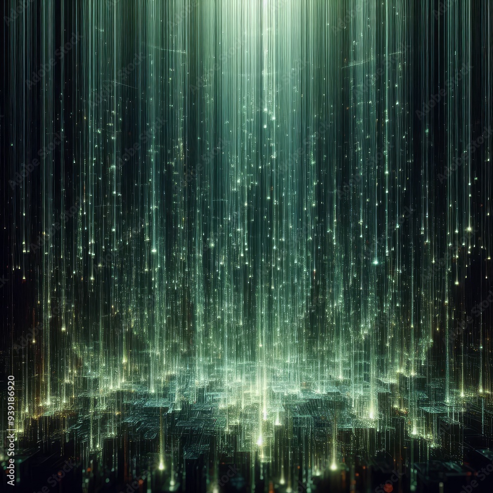 A mesmerizing cascade of luminescent green data streams flows downward in a shimmering curtain
A mesmerizing cascade of luminescent green data streams flows downward in a shimmering curtain