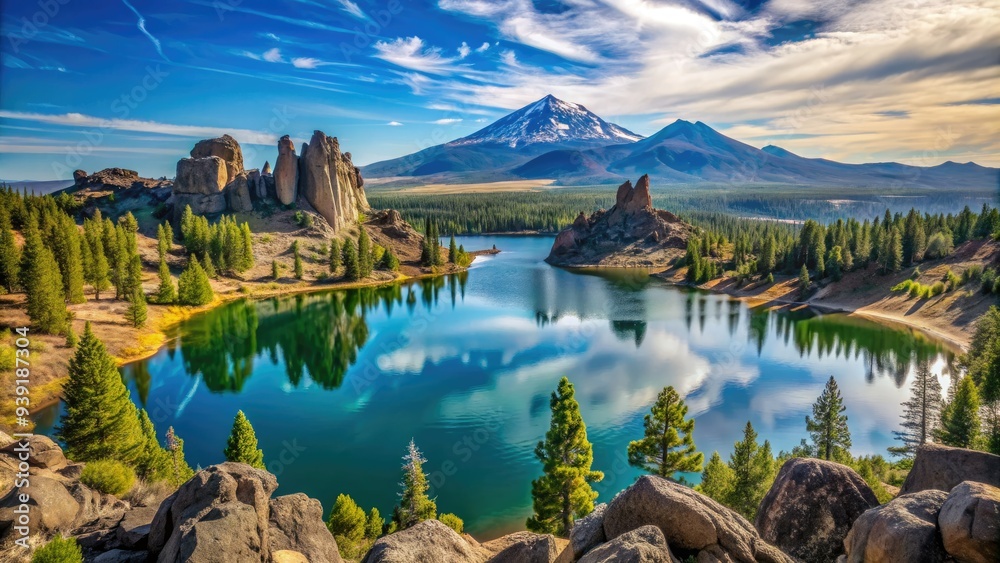 Fototapeta premium Scenic vista of majestic rock formations, desert landscape, and crystal-clear lake in Central Oregon's high desert, with majestic mountains looming in the distant horizon.