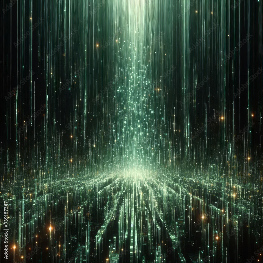 A mesmerizing cascade of luminescent green data streams flows downward in a shimmering curtain
A mesmerizing cascade of luminescent green data streams flows downward in a shimmering curtain