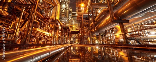 A low angle view of an industrial complex with an intricate network of pipes, beams, and walkways. The complex is illuminated by artificial lights, casting a warm glow on the metal surfaces.