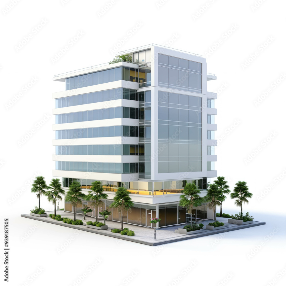 Modern office building isolated on white background. City business center with panoramic windows. Multi story minimalist style concept. Commercial real estate Modern office building isolated on white background. City business center with panoramic windows. Multi story minimalist style concept. Commercial real estate