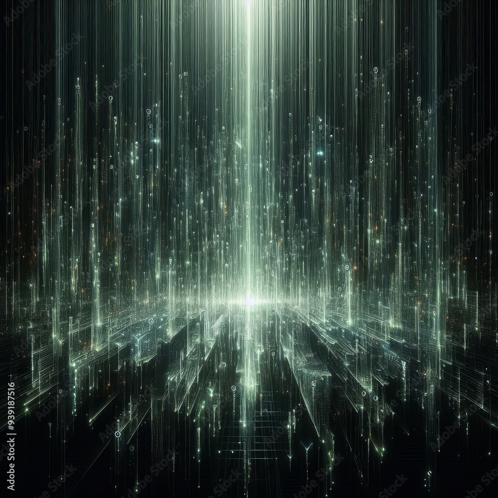 A mesmerizing cascade of luminescent green data streams flows downward in a shimmering curtain
A mesmerizing cascade of luminescent green data streams flows downward in a shimmering curtain
