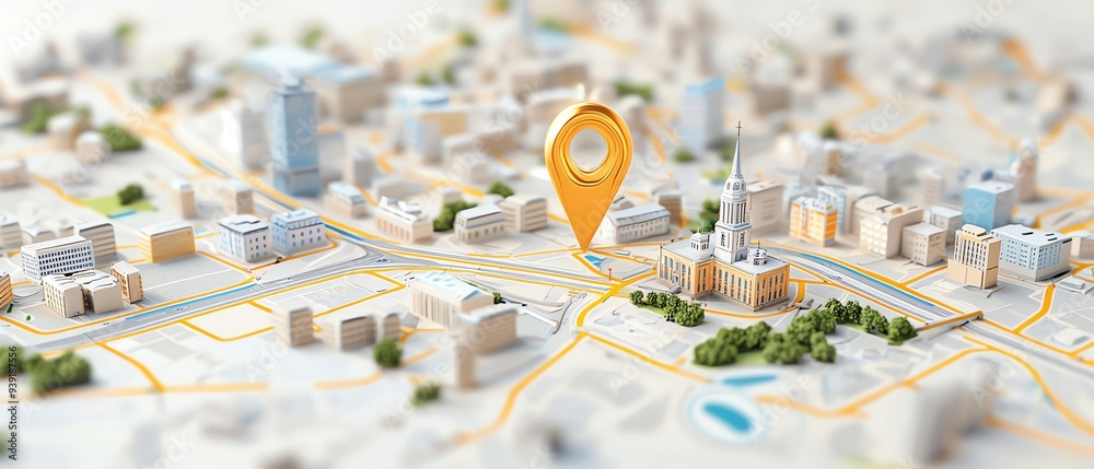 Detailed city map with a location pin, highlighting navigation and ...