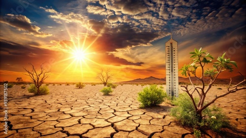 Scorching summer sun beats down on a parched landscape, thermometer soaring above 50 degrees Celsius, withering plants and cracked earth telling the tale of intense heat. photo