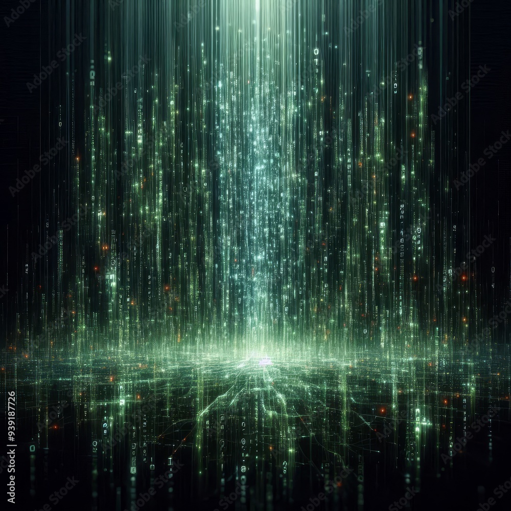 A mesmerizing cascade of luminescent green data streams flows downward in a shimmering curtain
A mesmerizing cascade of luminescent green data streams flows downward in a shimmering curtain