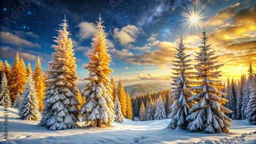 Celestial Snow-Dusted Pines: Ethereal, divine, otherworldly, fir, golden, silver photo