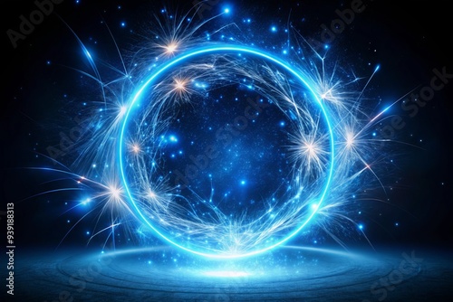 Celestial Surge: Blue sparks dance within a circle, evoking cosmic energy and tranquility.