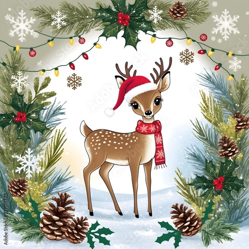 Festive Winter Wonderland with Cute Reindeer, Snowflakes, and Christmas Decorations - Ideal for Seasonal Greetings