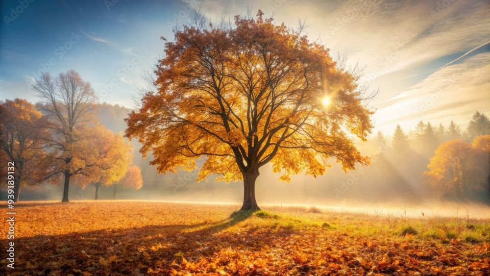 Fototapeta premium Serene autumn landscape featuring a single tree standing tall amidst a carpet of fallen leaves, with a subtle misty atmosphere and gentle warm light.