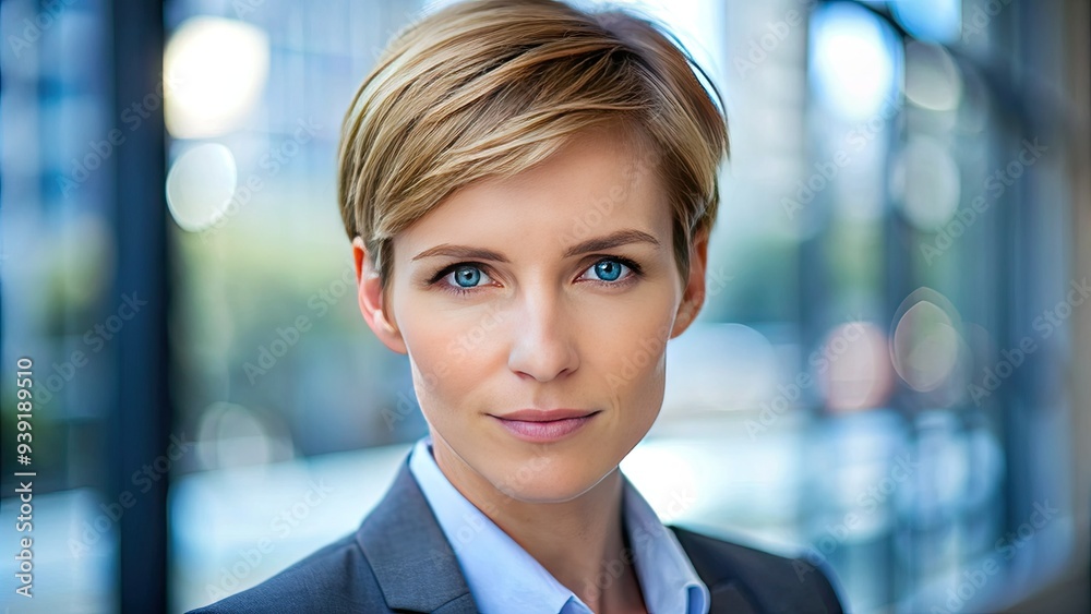 Serene confident business professional with short hair and slight smile, gazing directly at camera with piercing blue eyes, against a soft blurred background. Serene confident business professional with short hair and slight smile, gazing directly at camera with piercing blue eyes, against a soft blurred background.