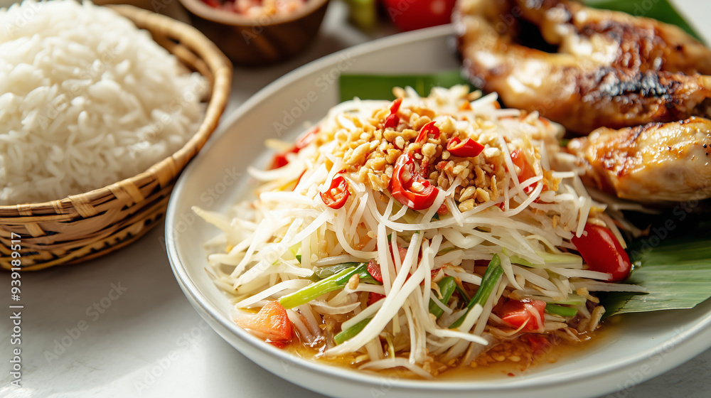 The photo of delicious Thai food famous Som Tam papaya Salad serve with Sticky rice and chicken grilled decorate with ingredients  