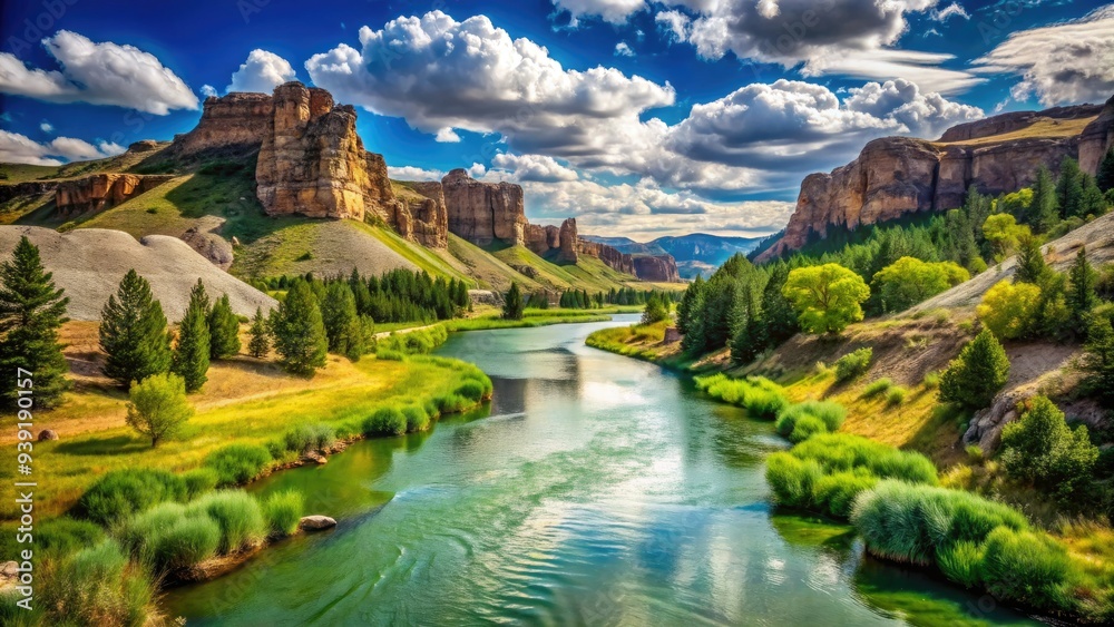 Serene Green River winds through lush greenery and rugged rock formations in a picturesque Wyoming landscape under a brilliant blue sky. Serene Green River winds through lush greenery and rugged rock formations in a picturesque Wyoming landscape under a brilliant blue sky.