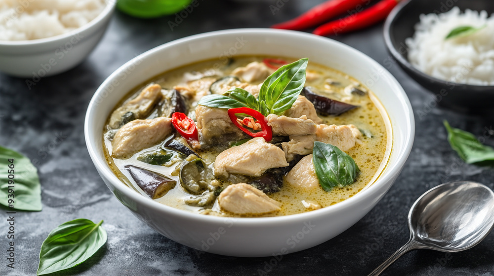 The photo of delicious Thai food Green Curry Chicken serve with steam rice decorate with ingredients  
