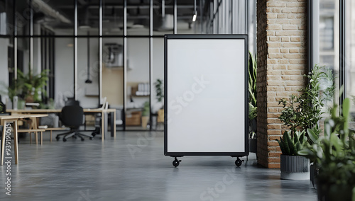 Whiteboard on wheels in a modern office interior, a mockup of a whiteboard with a black frame standing in the middle of an open space office with glass walls.