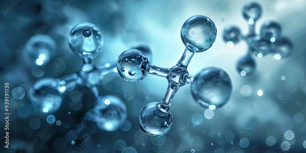 A close-up of a transparent molecule structure with a blue background and out-of-focus blue circles. A close-up of a transparent molecule structure with a blue background and out-of-focus blue circles.